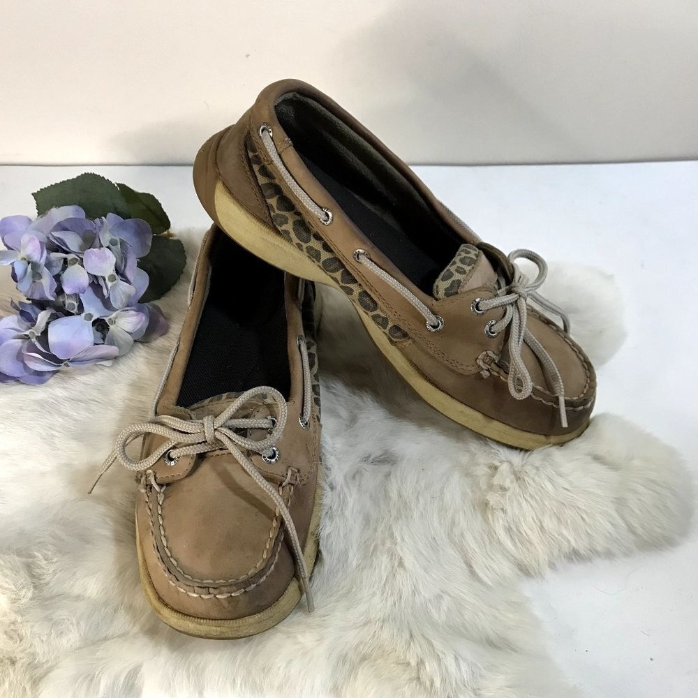 Sperry Womens Angelfish Boat Shoe Leopard Print Tan Leather Size 6.5 M